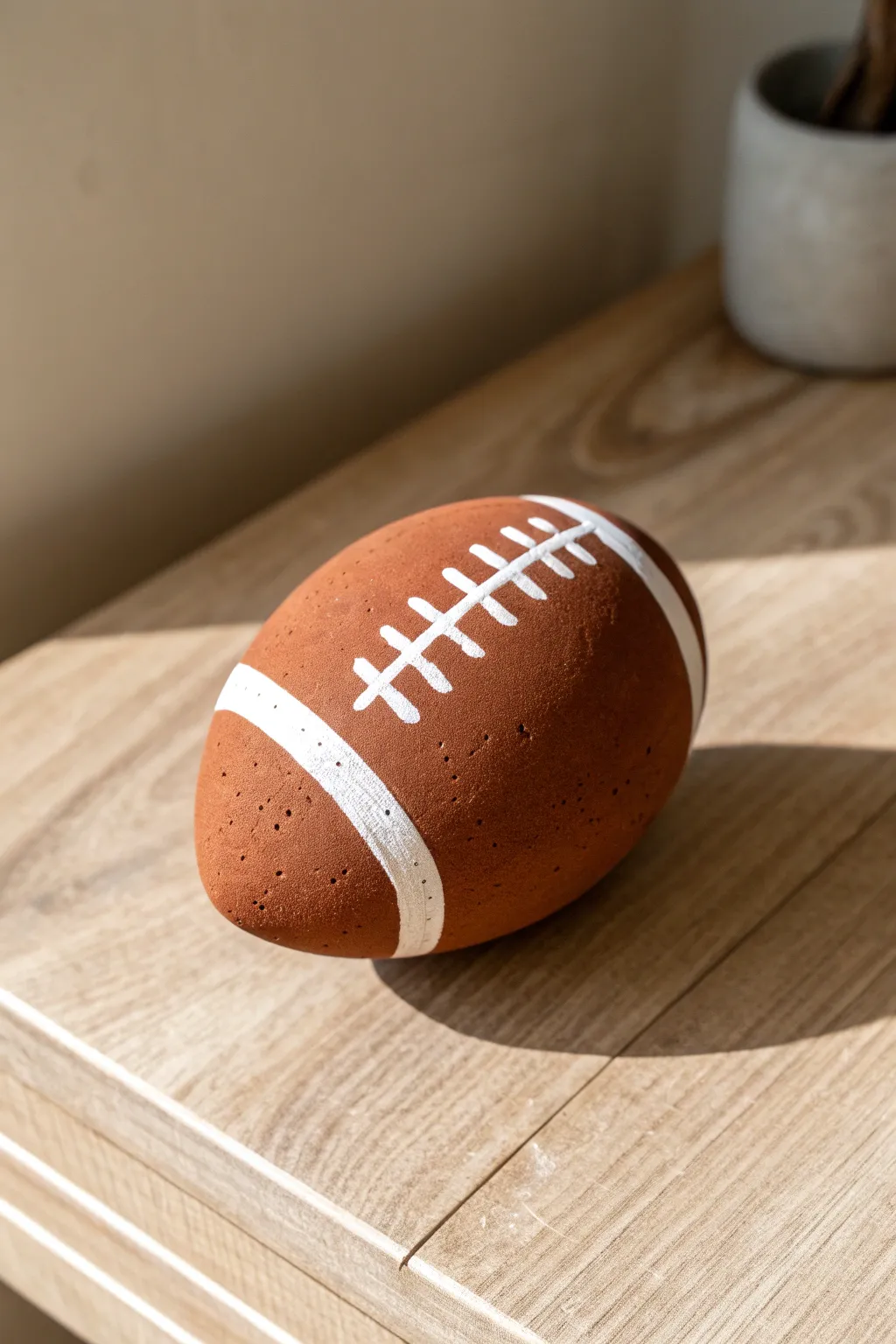 Palm-sized clay football sculpture in warm browns with simple laces, cozy minimalist vibe.