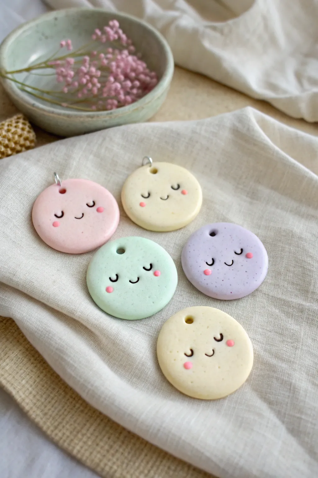 Pastel kawaii face disc charms on linen, an easy beginner clay idea with minimal boho charm