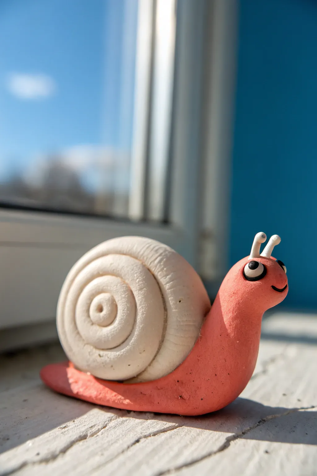 Adorable one-coil clay snail with a spiral shell, perfect for easy kids pottery fun
