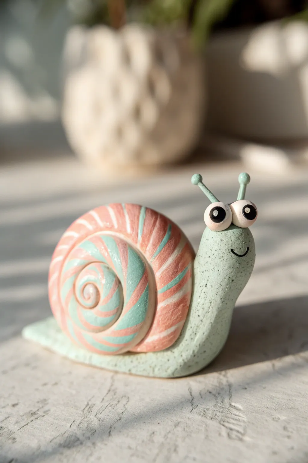 Tiny swirly clay snail with dot eyes, a cute and easy clay idea for kids to make and display.