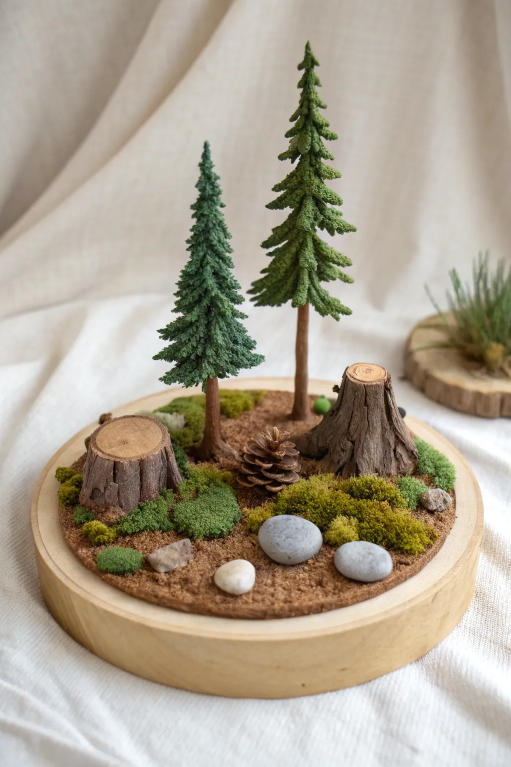Mini clay forest diorama on a simple base, soft Nordic light, tiny trees and stones.