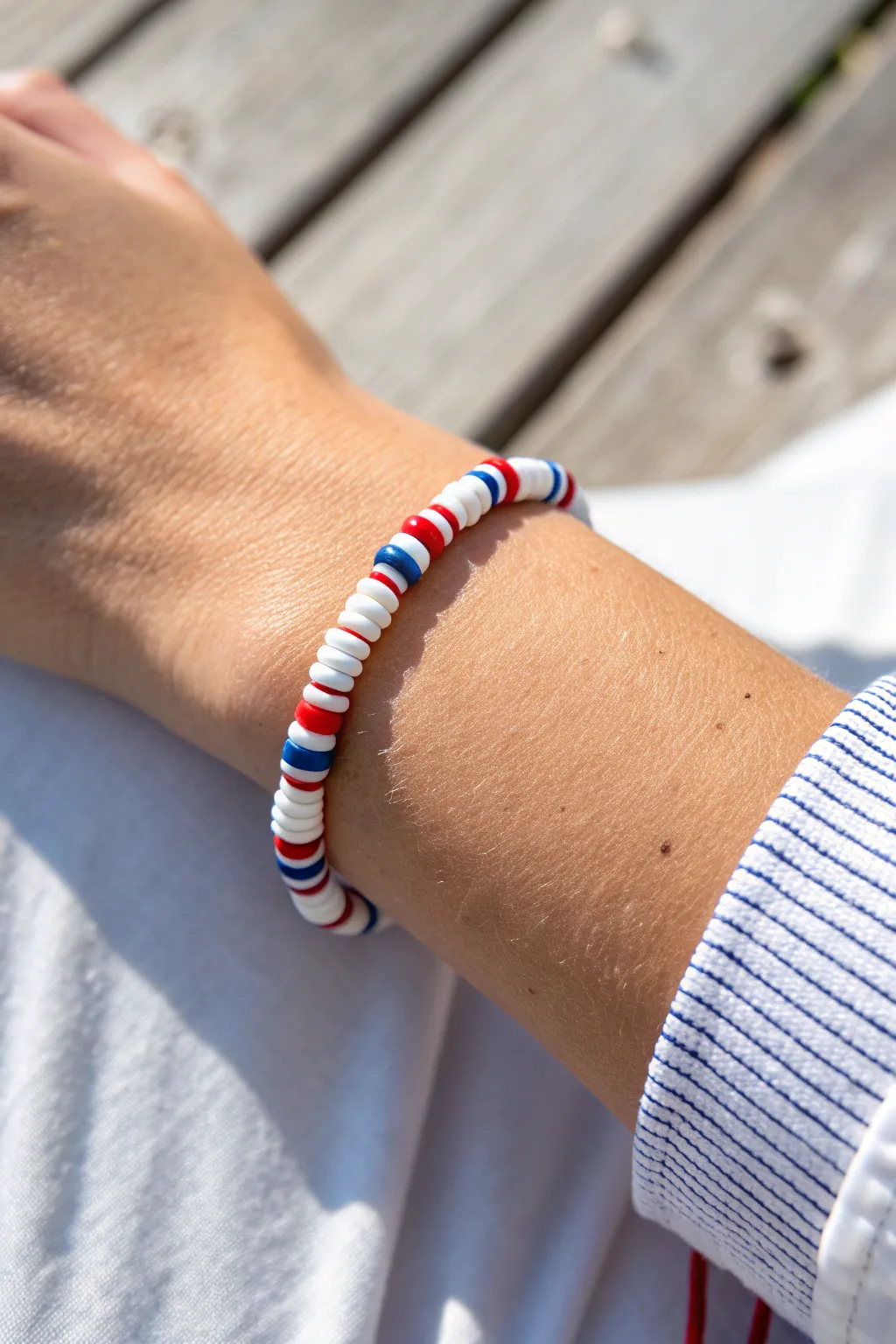 Classic red, white, and blue striped heishi clay beads for a simple, patriotic summer wrist