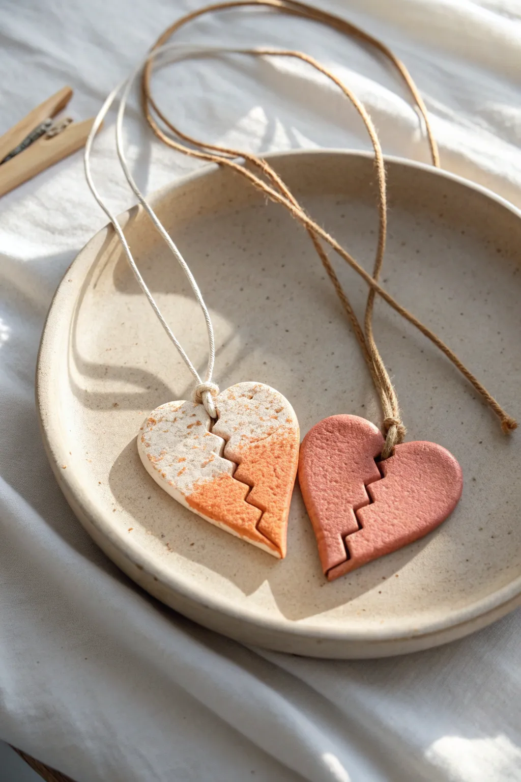 Split heart clay pendant set in blush and terracotta, a minimalist bestie gift idea.