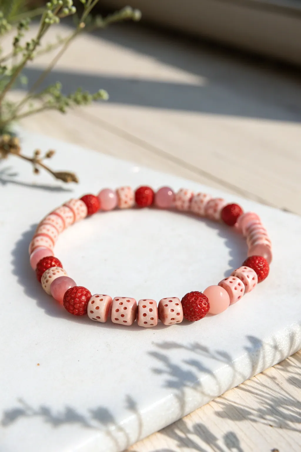 Classic strawberry slice bracelet in red and blush heishi beads, minimal, warm light, handmade charm