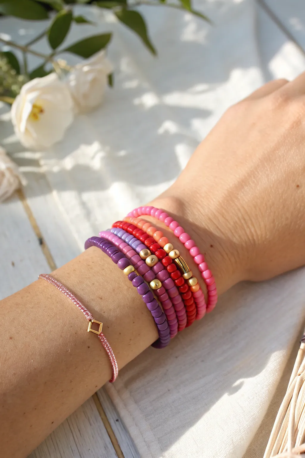 Classic rainbow gradient heishi stack for a bright, minimalist summer wrist moment