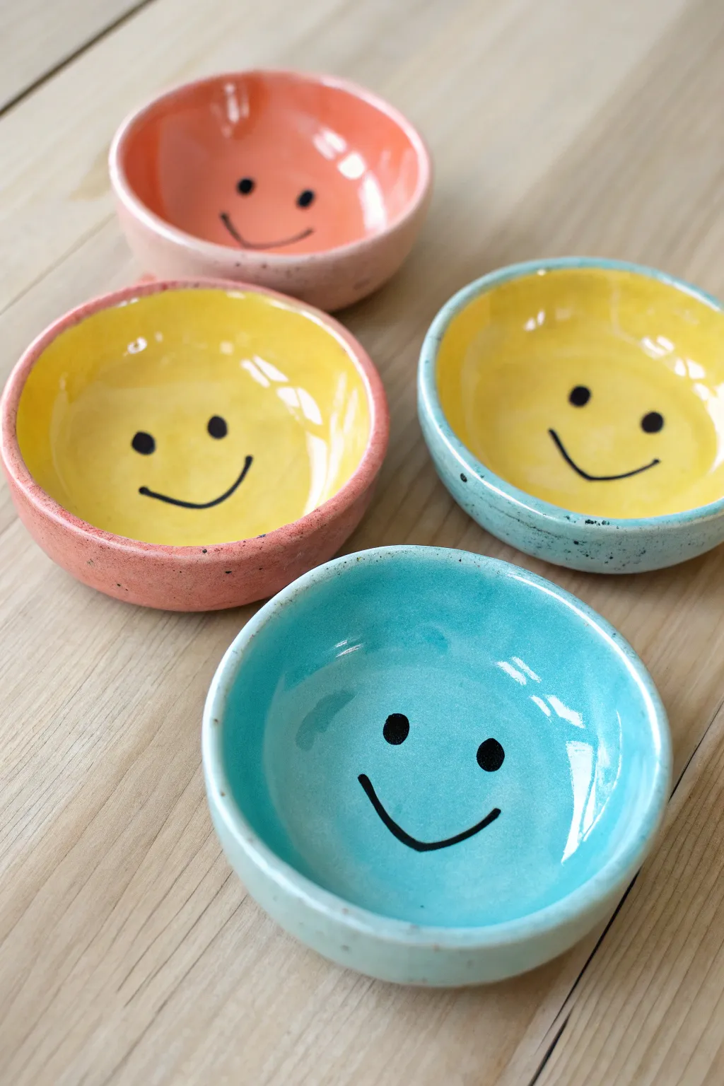 Cheerful smiley pinch pot trinket dishes in bright colors, minimalist and handmade.