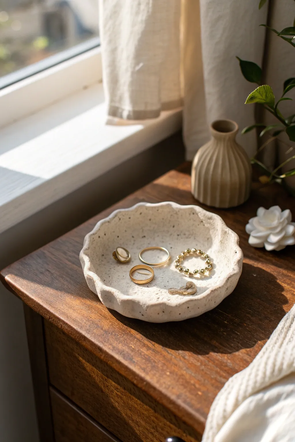 A simple air dry clay trinket dish catchall to keep rings and earrings tidy on your nightstand