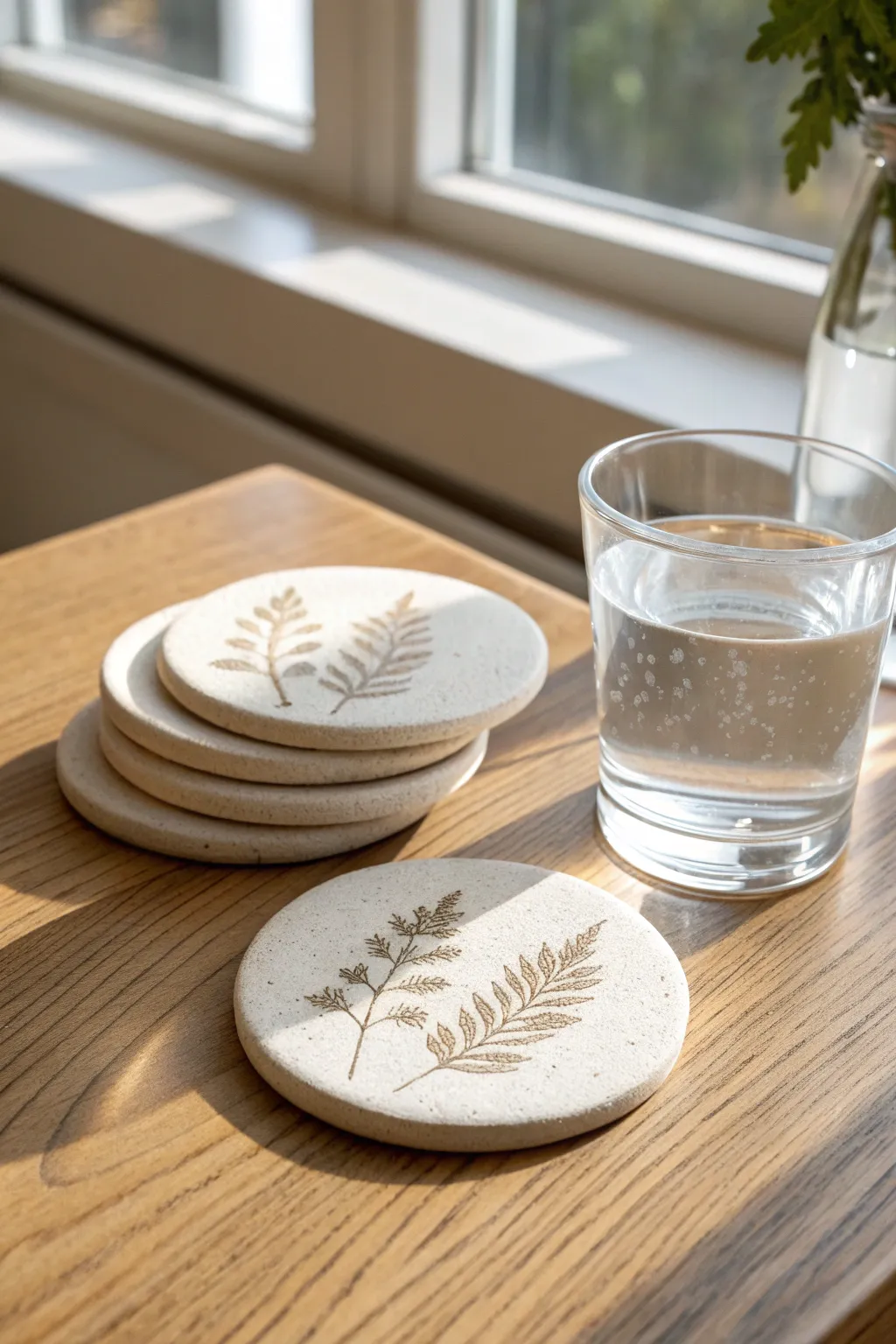 Stamped clay coasters with crisp impressions and a sealed matte finish for everyday drinks
