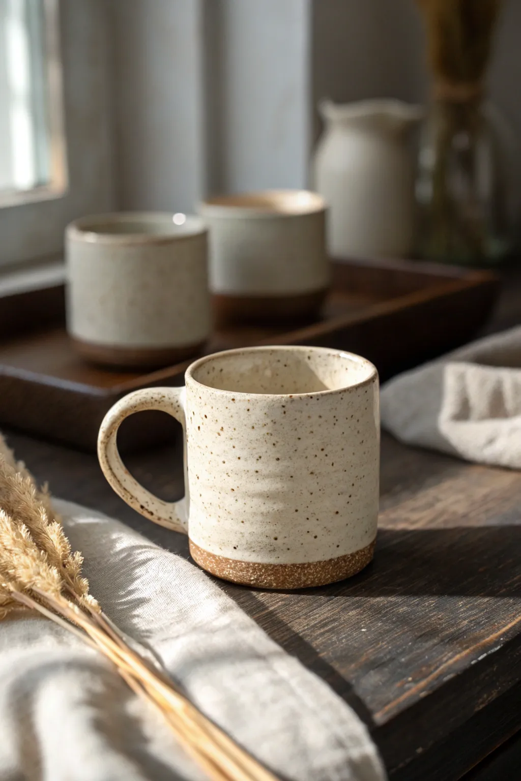 Cozy handmade mug with comfy handle and subtle texture, styled on a minimalist kitchen shelf.