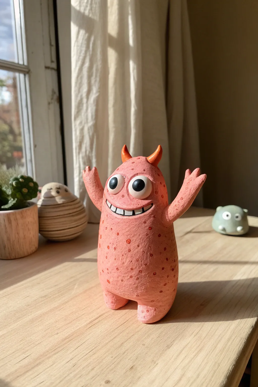 Cute air dry clay blob monster with big eyes and goofy grin, minimalist cozy tabletop vibe
