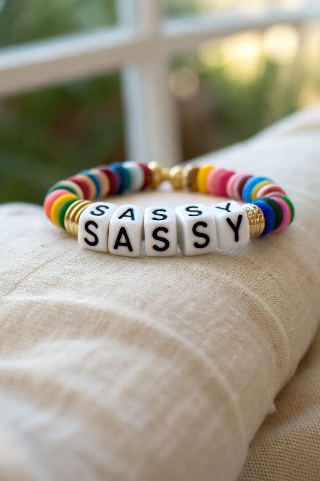 Sassy one-word clay bead bracelet with bright discs and gold spacers, cute and confident