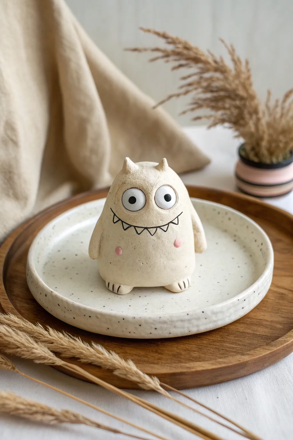 Wide-eyed pinch-pot blob monster with a goofy grin, minimalist styling and playful handmade charm