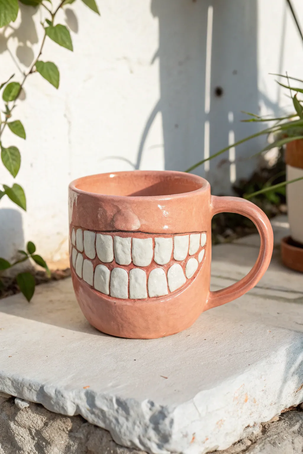 Goofy oversized teeth grin mug, handmade and minimal for a cozy Scandinavian boho vibe
