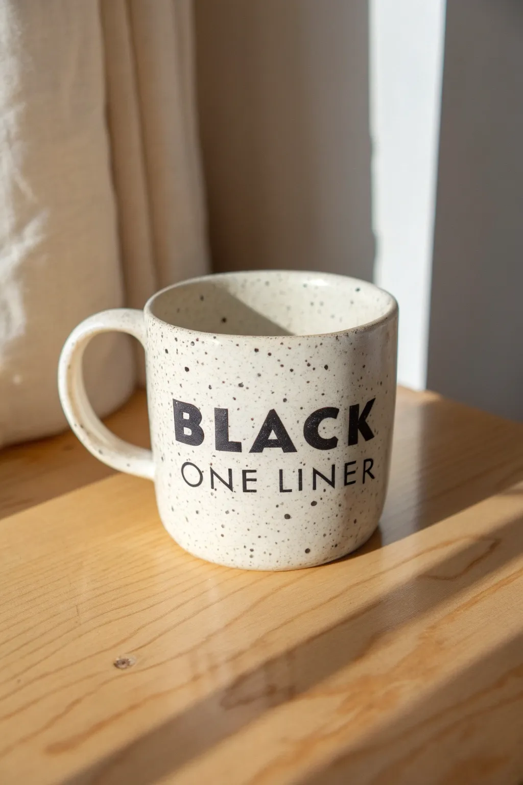 Big bold mug humor in minimalist style, a punchline that pops against creamy speckled clay.