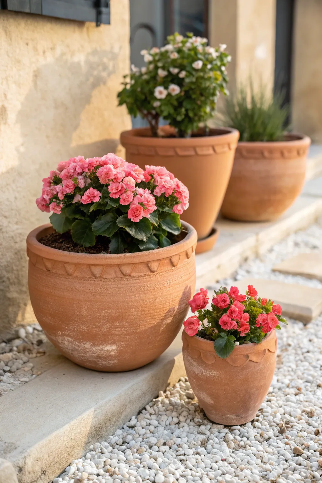 Timeless terracotta planter cluster on gravel, warmed by sunlit blooms and lush green contrast