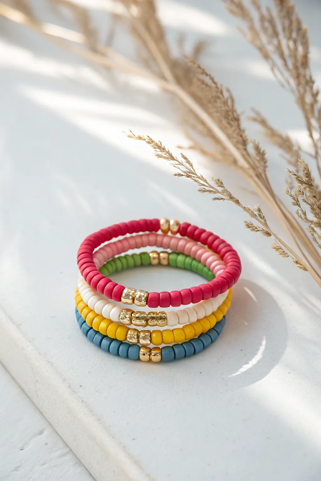 Classic rainbow clay heishi stack, bright, simple, and perfect for everyday layering.
