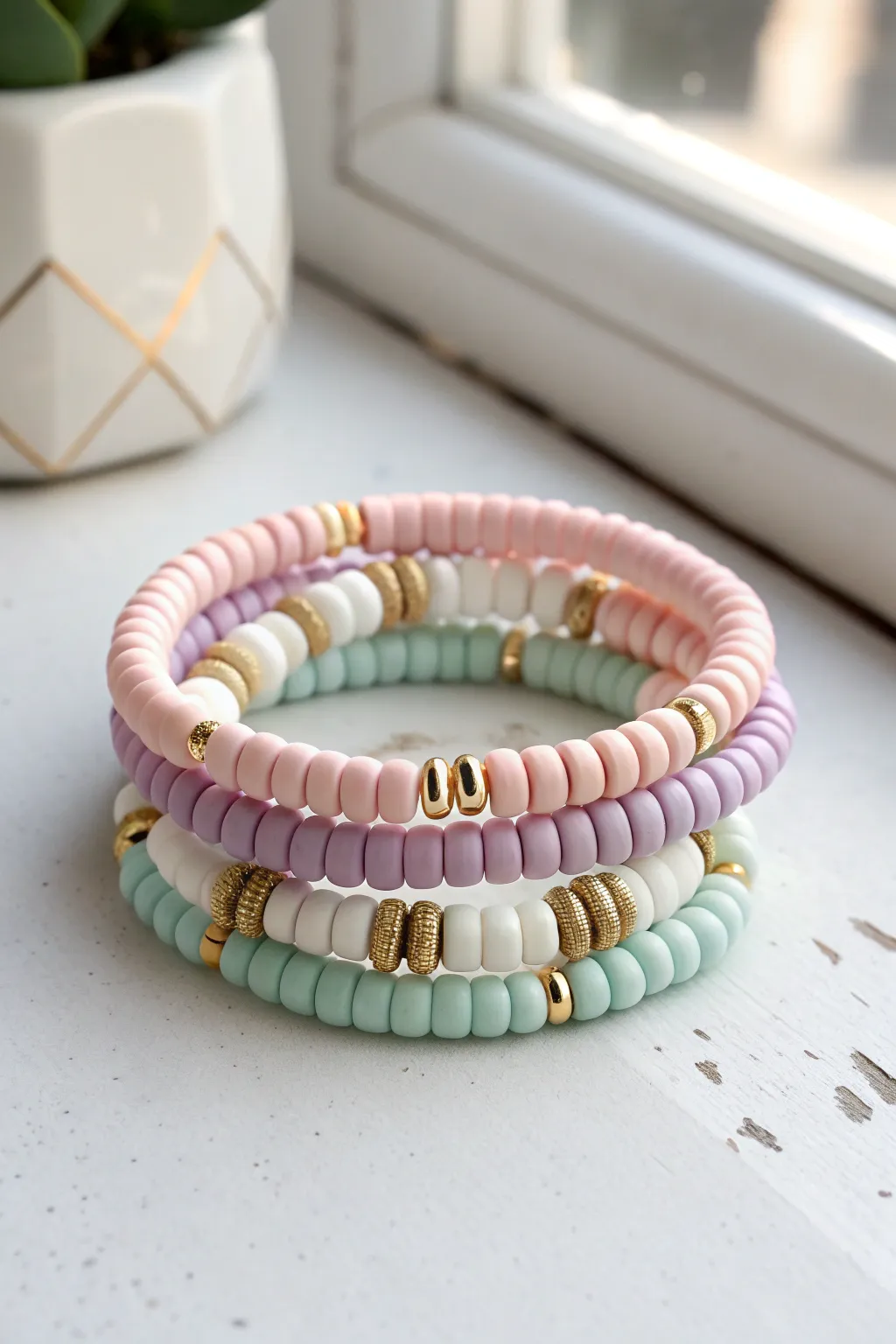 Classic pastel heishi bracelet stack with tiny gold spacers, clean preppy vibes and soft boho charm