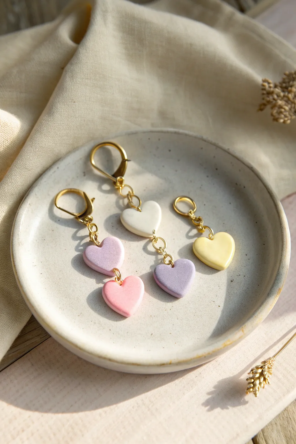 Pastel heart charm stack in pink, lavender, and buttery yellow, glossy with tiny bow accents.