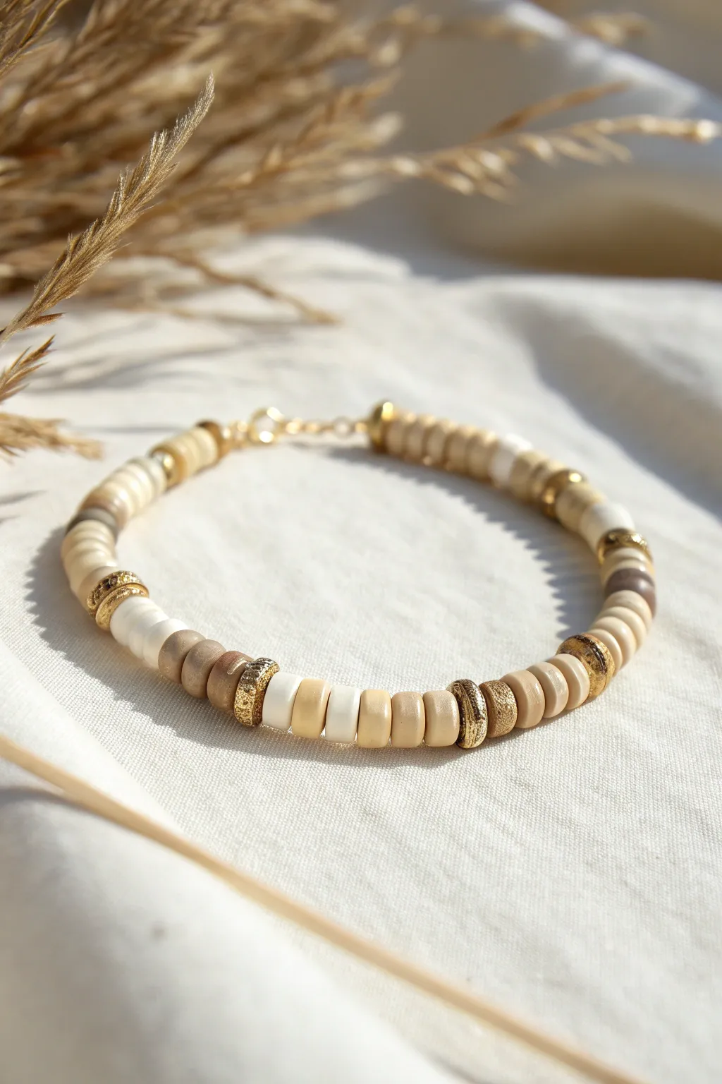 Neutral heishi clay bracelet with polished gold spacers, minimalist boho elegance in soft tones.