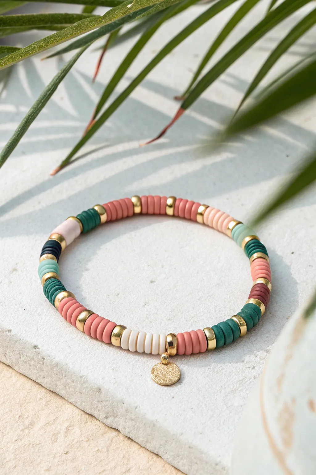 Classic color-blocked heishi bracelet with gold spacers, styled in a clean Scandinavian flatlay