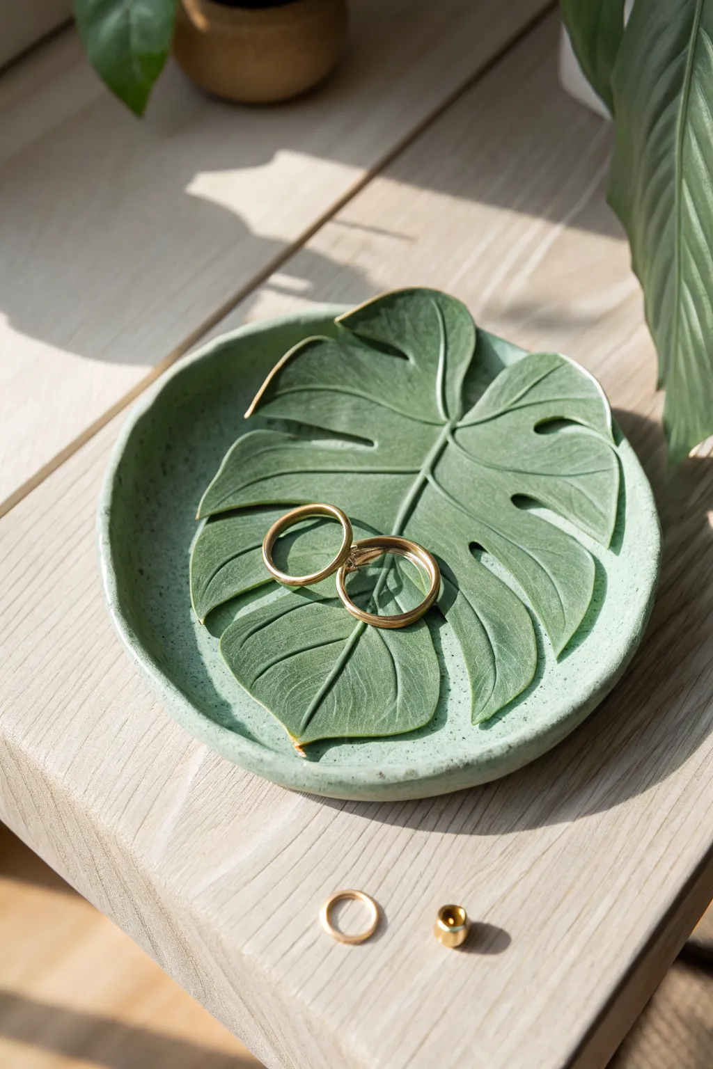 Green monstera clay ring dish with soft pressed veins, minimal styling and warm wood contrast