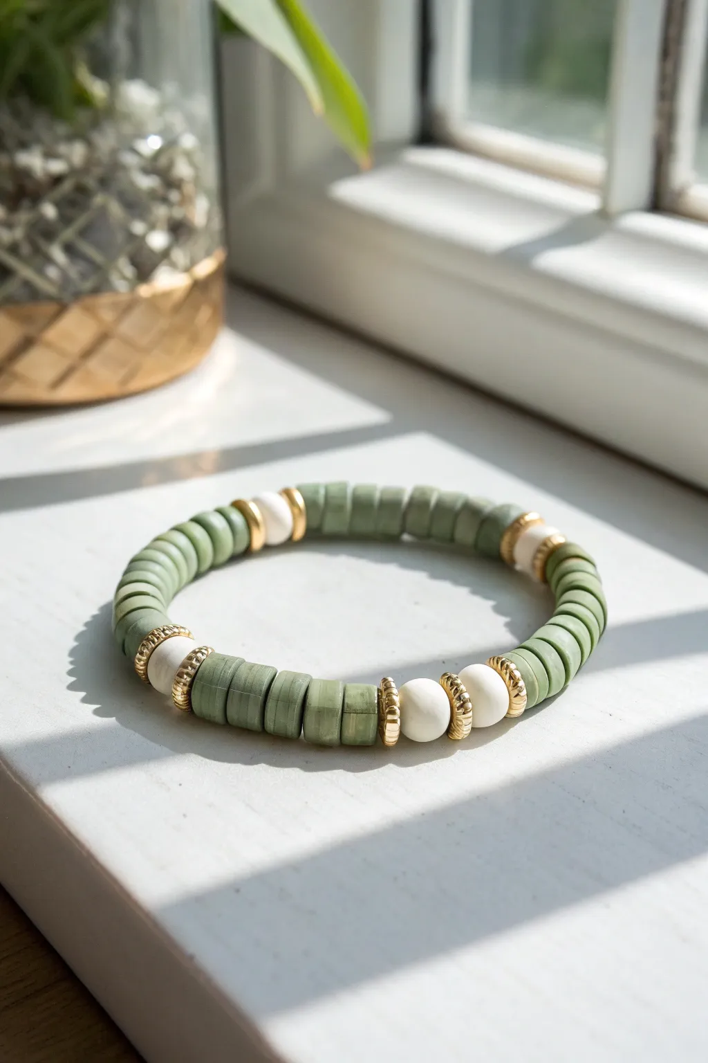 Sage and cream color-blocked heishi bracelet with a clean minimalist look and handcrafted charm