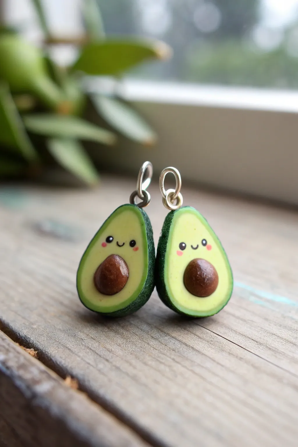 Adorable avocado best friend charms in green polymer clay, minimalist, sweet, and giftable.