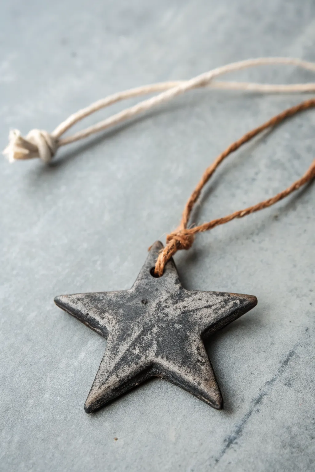 Matte charcoal star pendant with blackwash grooves on a simple cord, stark concrete grunge