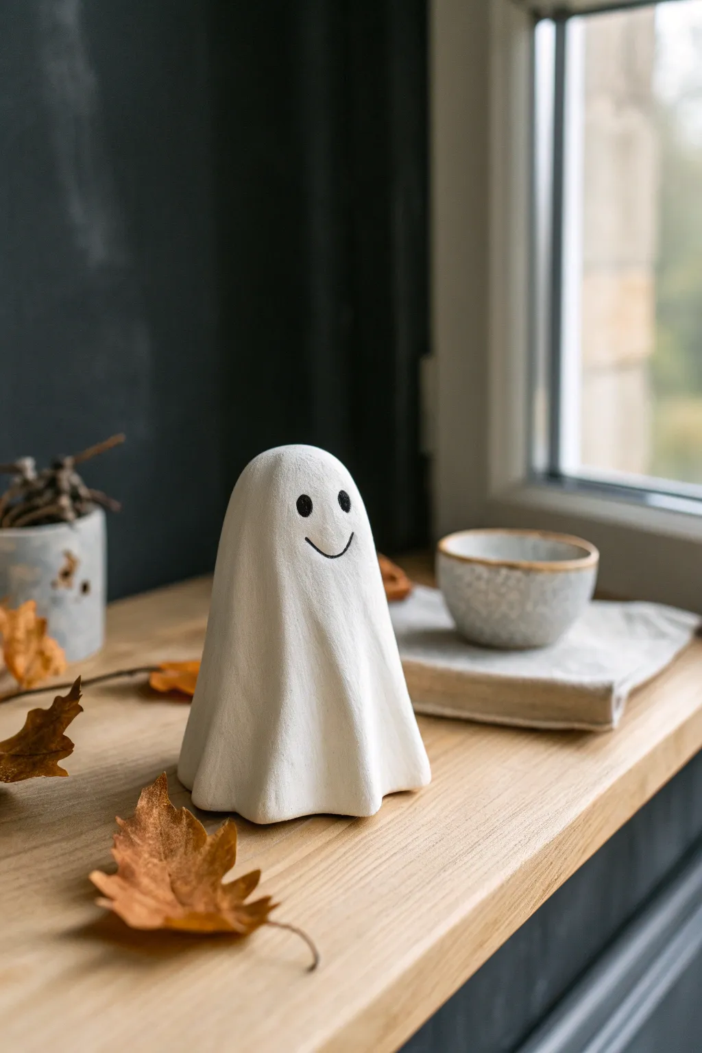 Minimal sheet ghost figurine in air dry clay, styled with dried leaves for cozy contrast.