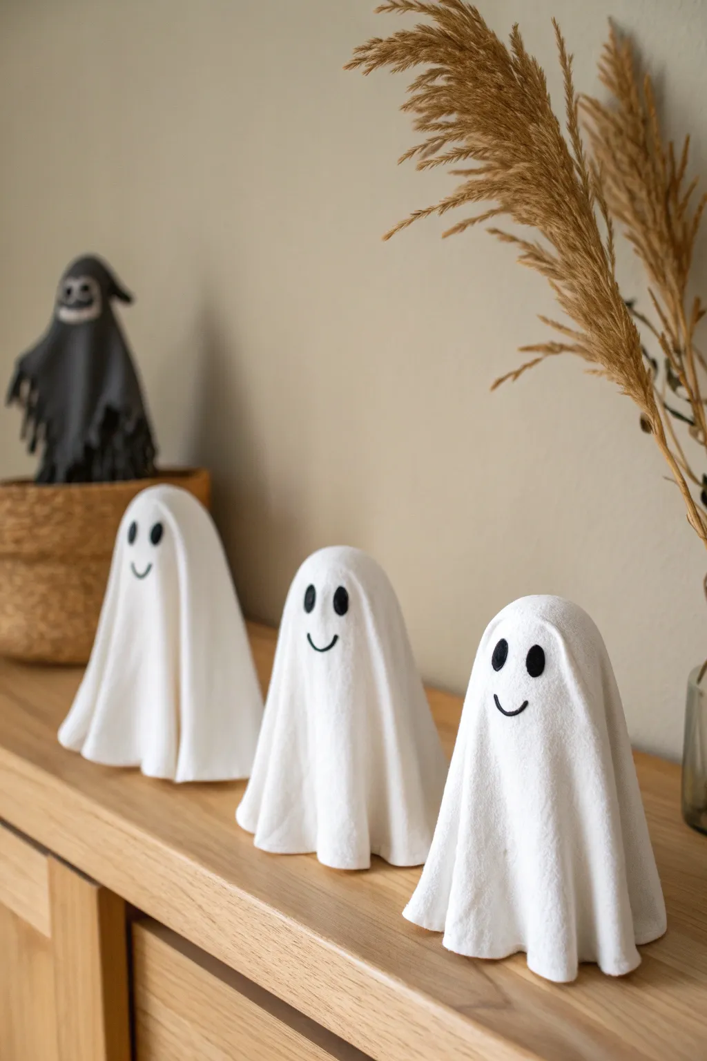 Three smiling air dry clay sheet ghosts with simple faces, perfect cute Halloween décor for kids