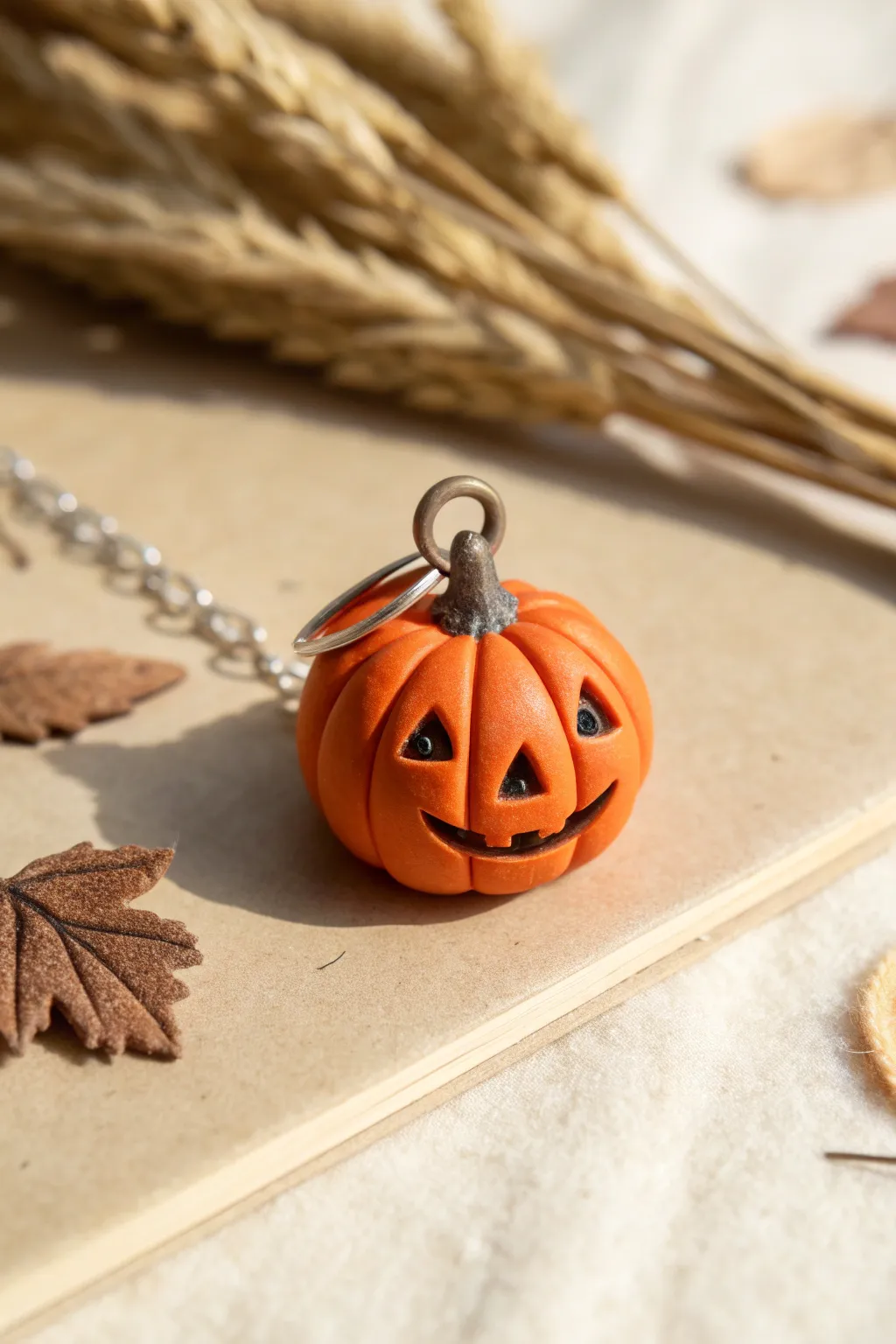 Cute mini jack-o-lantern clay charm in bright orange, minimal and handmade for Halloween