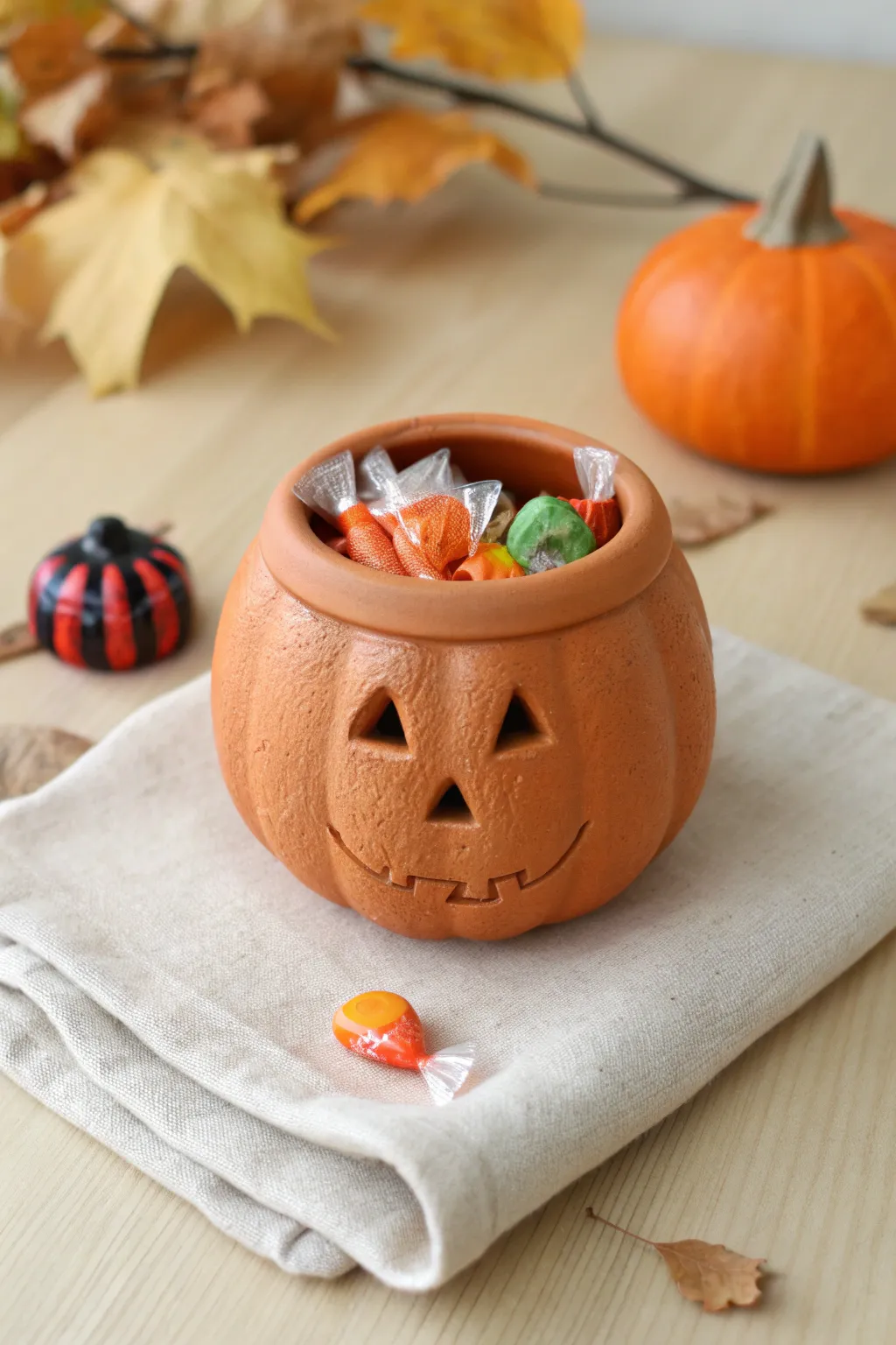 Mini jack-o-lantern pinch pot for kids, a cute Halloween candy holder with cozy autumn vibes