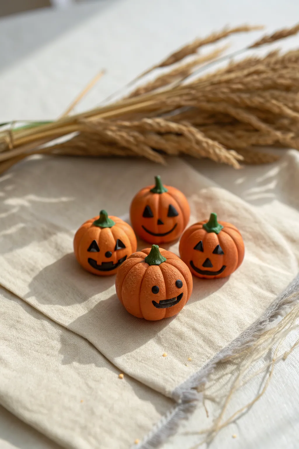 Three tiny clay jack-o-lantern minis in warm minimalist styling, easy Halloween decor idea