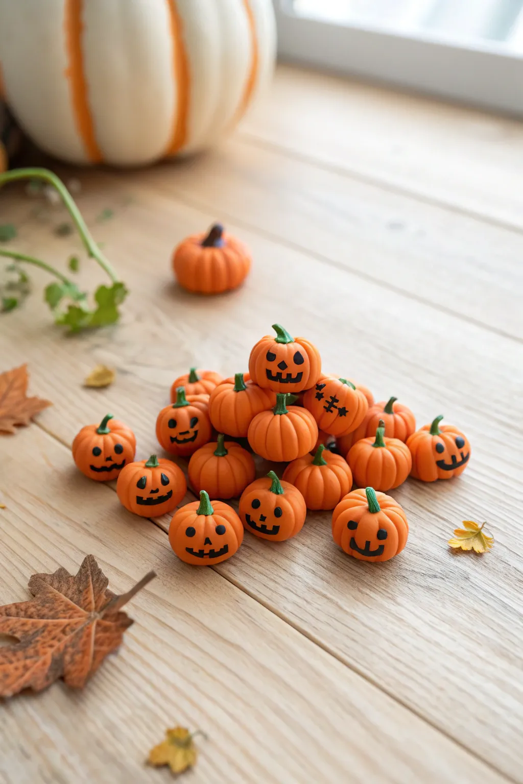 Tiny polymer clay jack-o-lantern charms with playful faces for a cozy minimalist Halloween