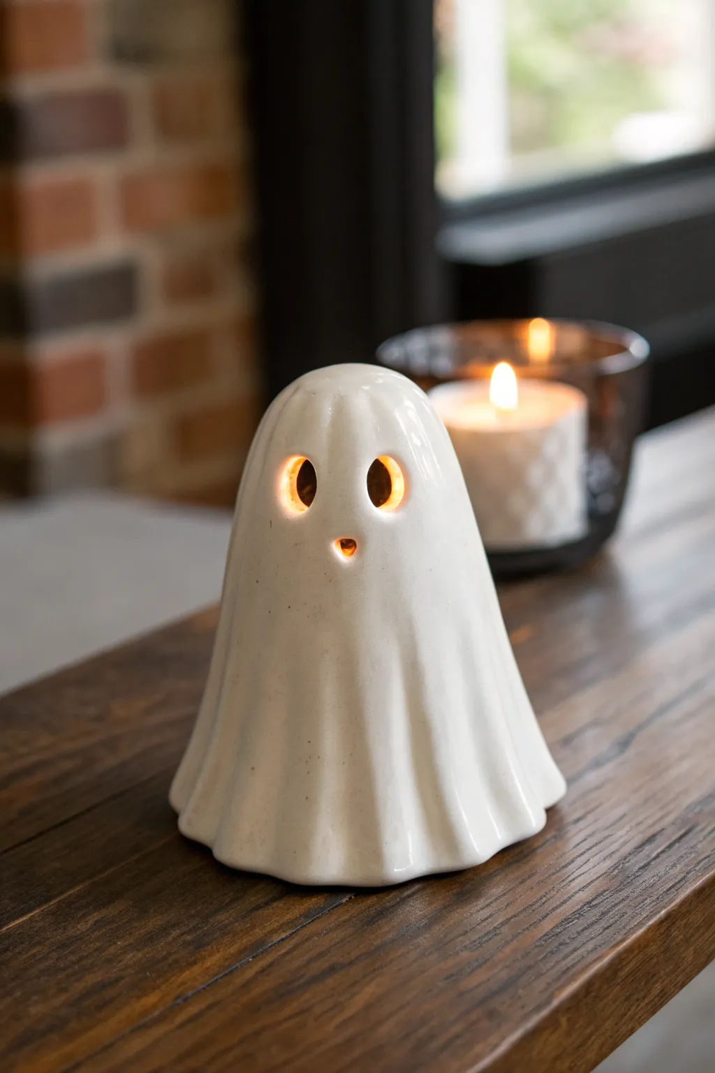 Minimal ghost tea light holder in matte white clay, softly glowing on dark wood for Halloween