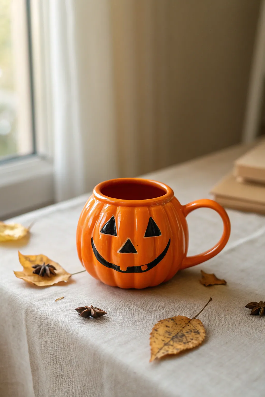 Classic jack-o-lantern mug in bright orange, simple triangles and grin for easy Halloween charm.