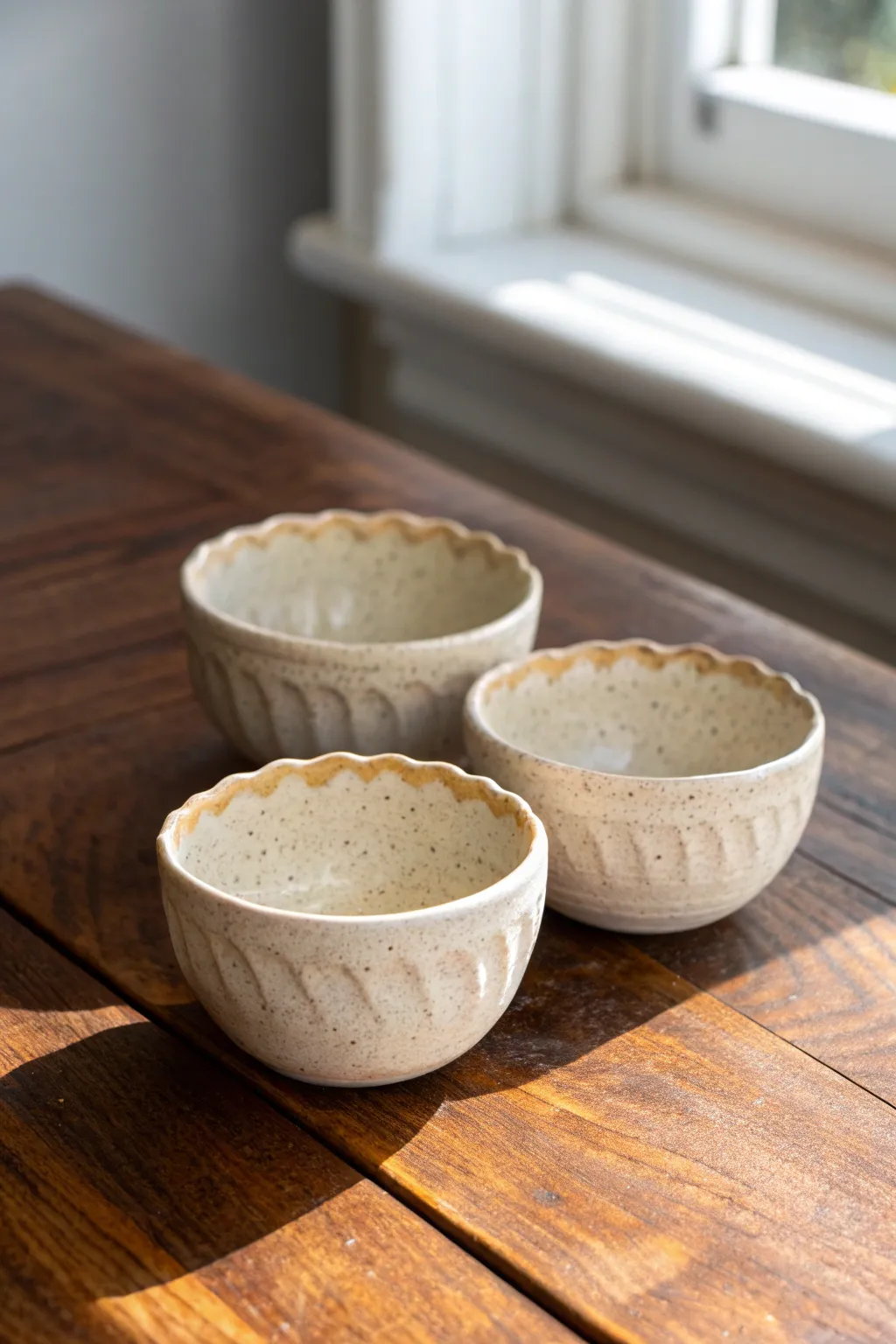 Softly wavy pinch pot snack bowls in warm neutrals, nested on wood for cozy minimalist vibes.