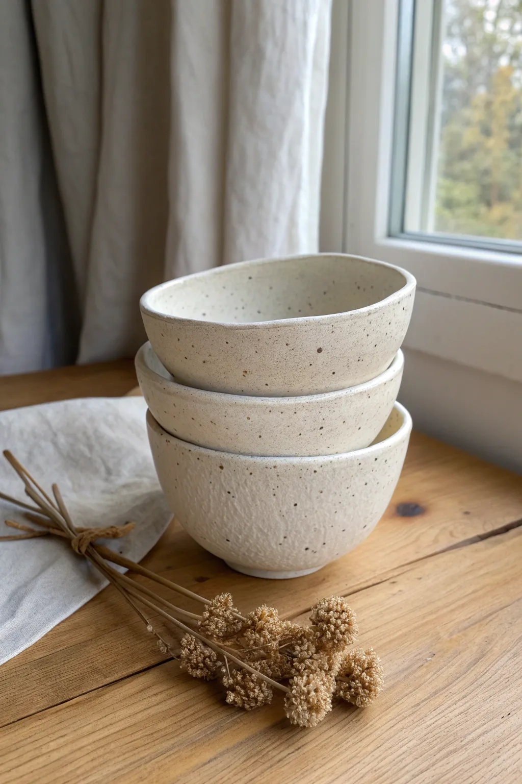 Organic pinch pot bowls stacked with dried botanicals for a cozy minimalist boho look.