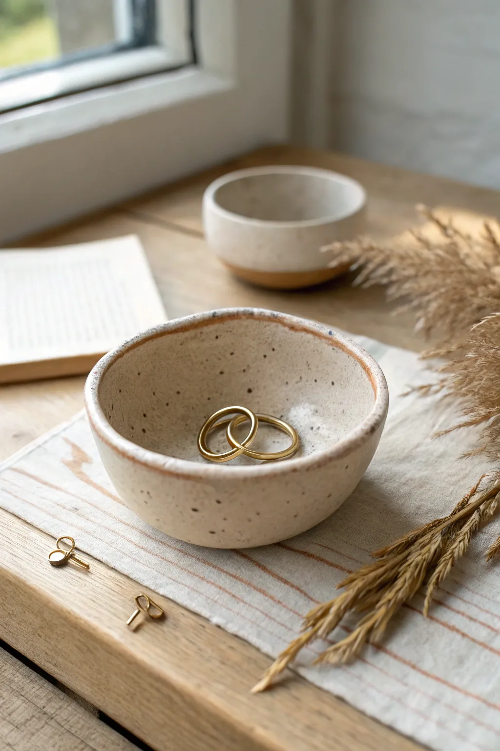 Handmade pinch pot trinket bowl in soft neutrals, a pretty catchall for rings and paper clips.