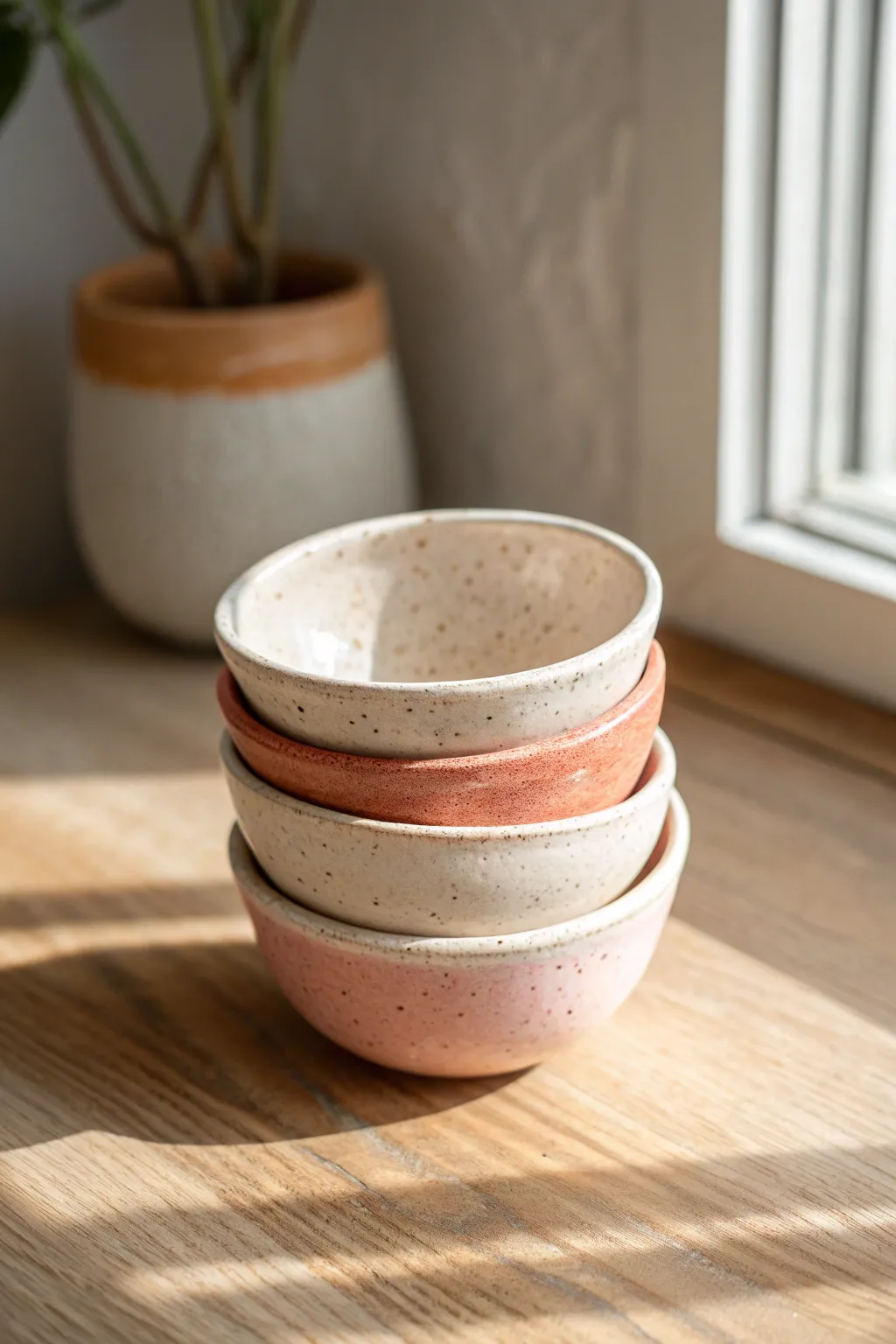 Matte pinch pot mini bowls in cream, blush, and terracotta for cozy minimalist decor.