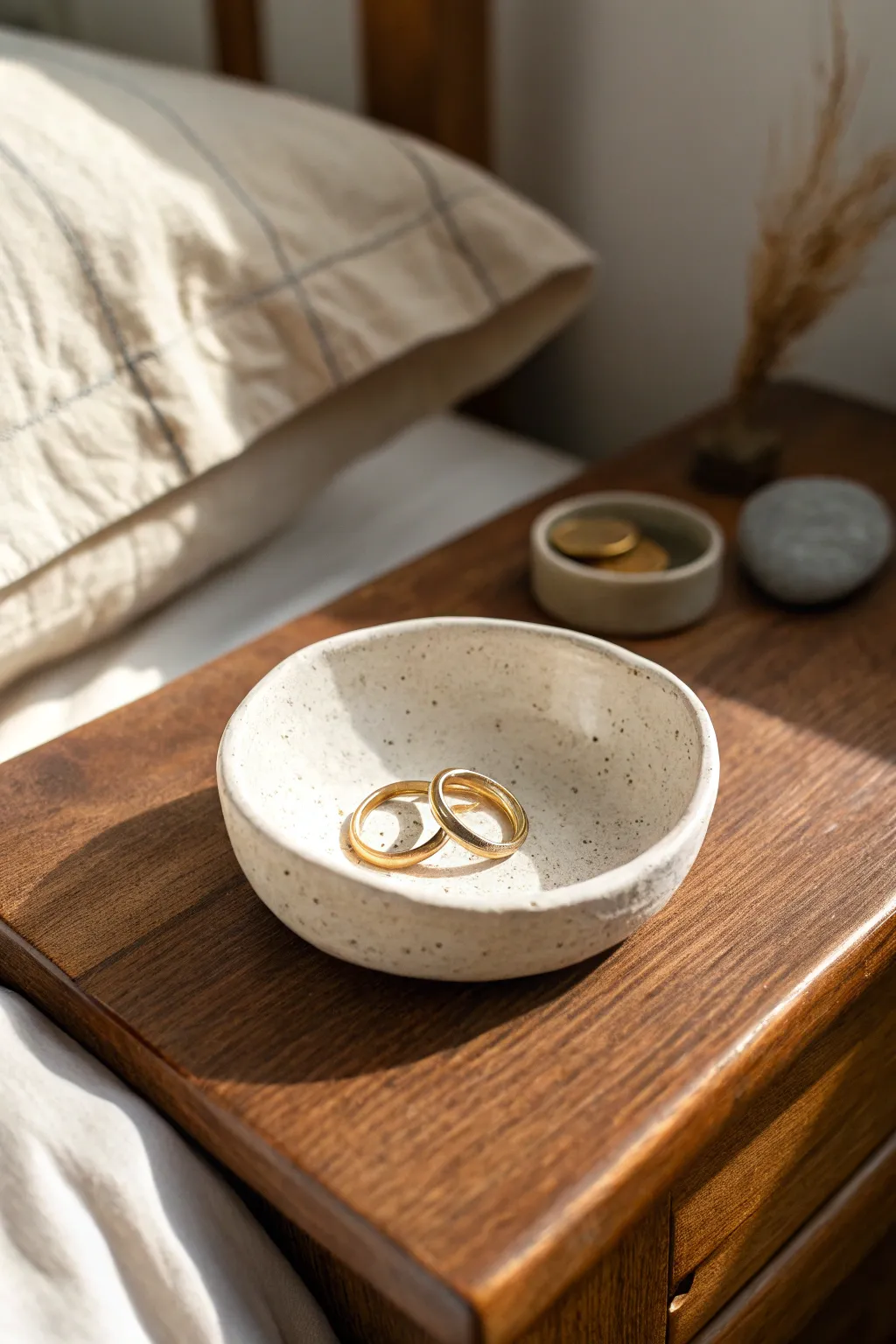 A simple pinch pot trinket dish that keeps rings and coins together in calm, cozy style.
