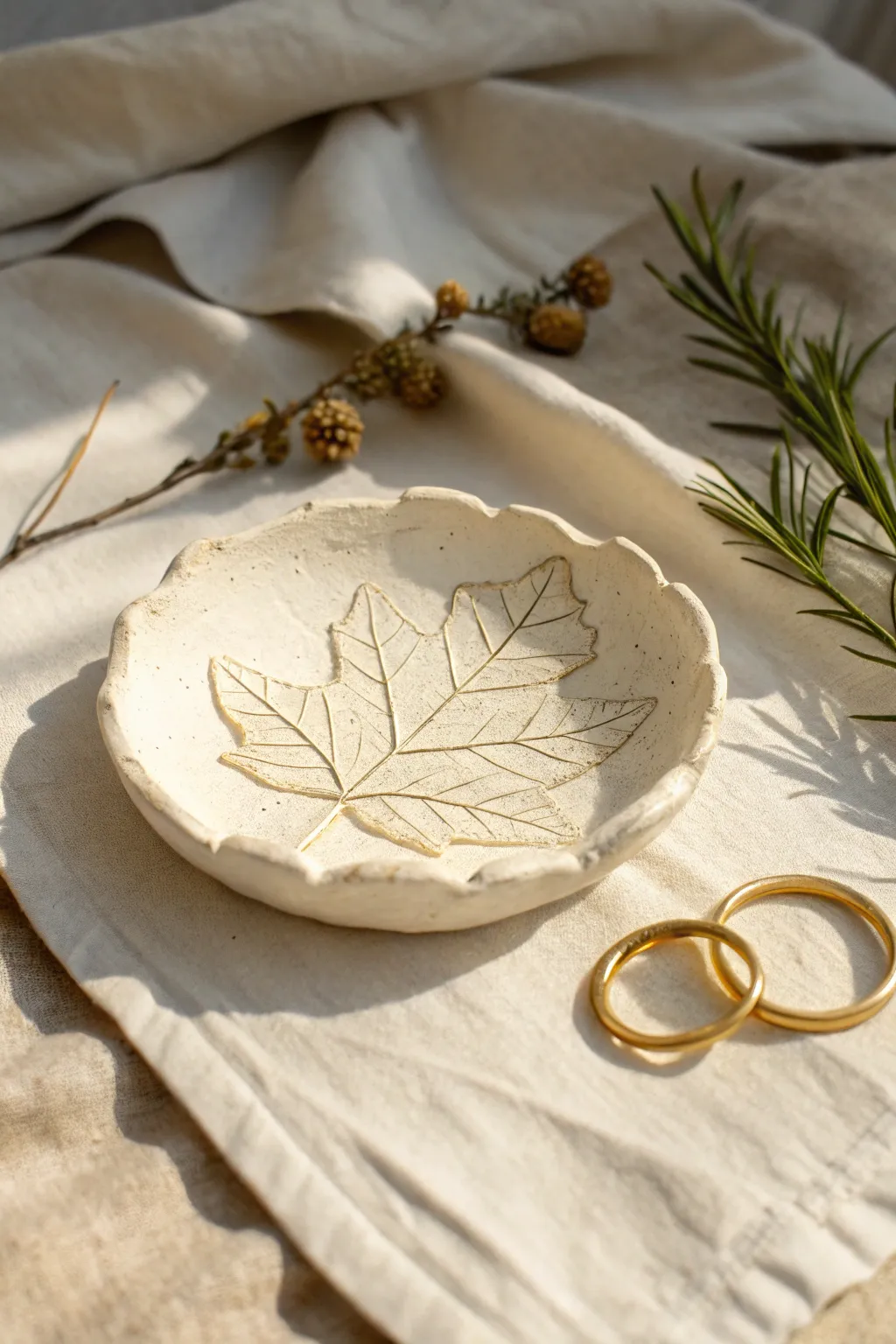 Leaf-imprint air-dry clay trinket dish styled on linen with rings and dried greenery.