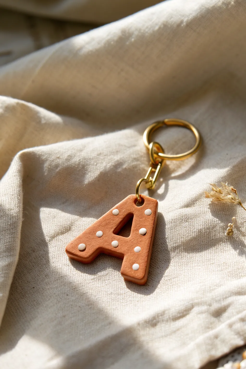 Handmade clay monogram keychain in terracotta and brass, minimal, feminine, ready to gift.