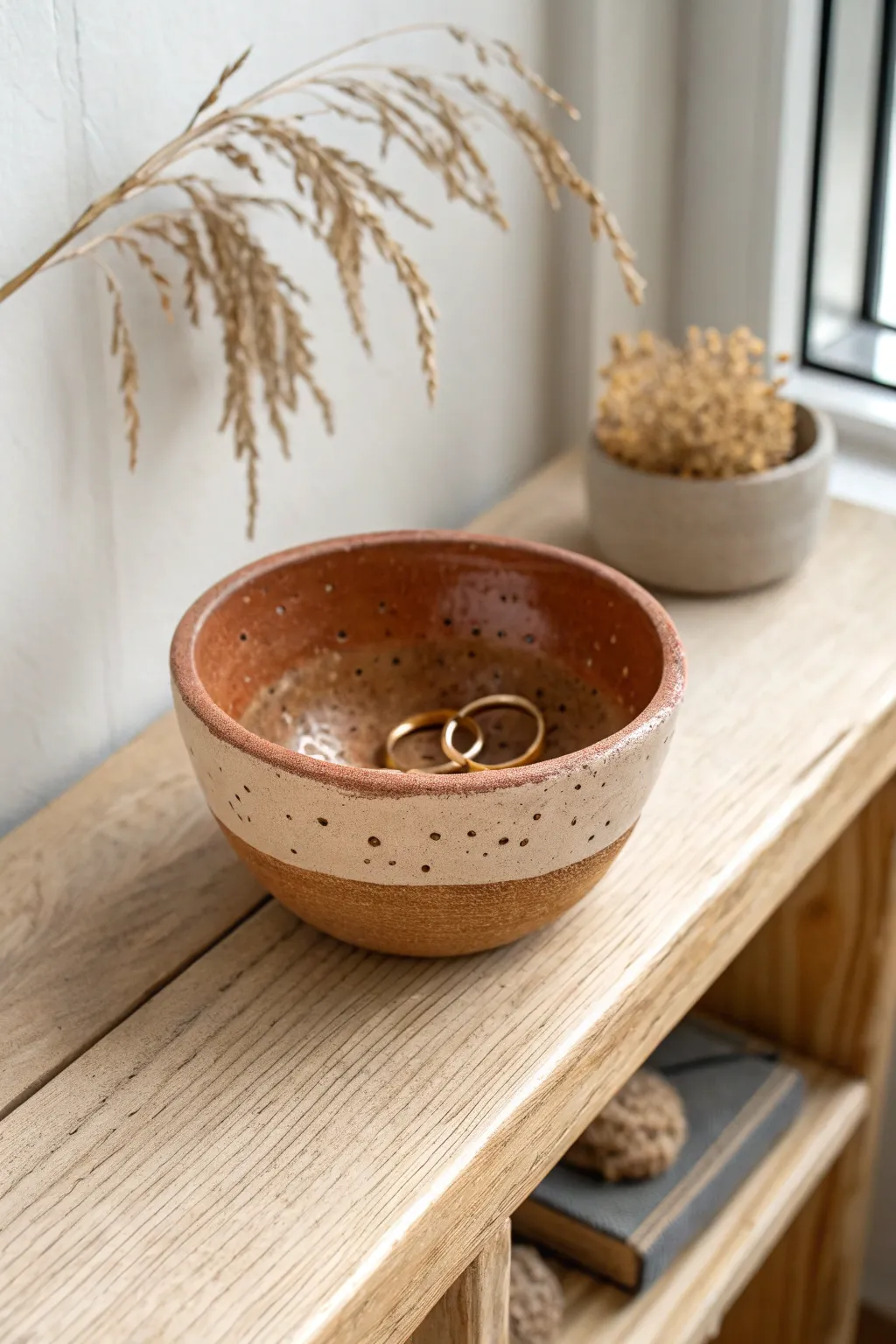 Thumbprint-textured pinch pot bowl in earthy clay, styled simply on oak with rings.
