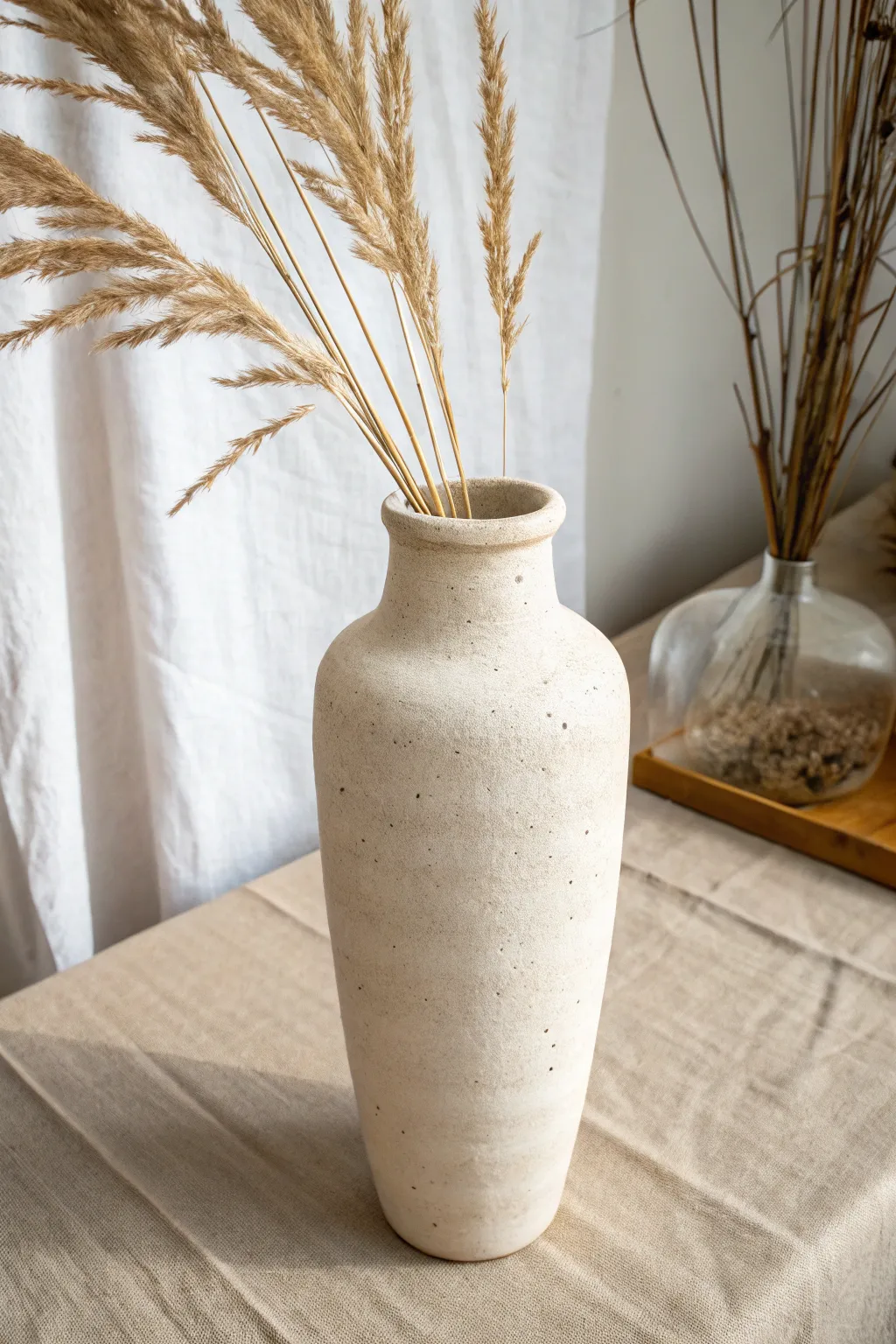 Simple matte cylinder clay vase with dried grass, styled in calm Scandinavian boho tones.