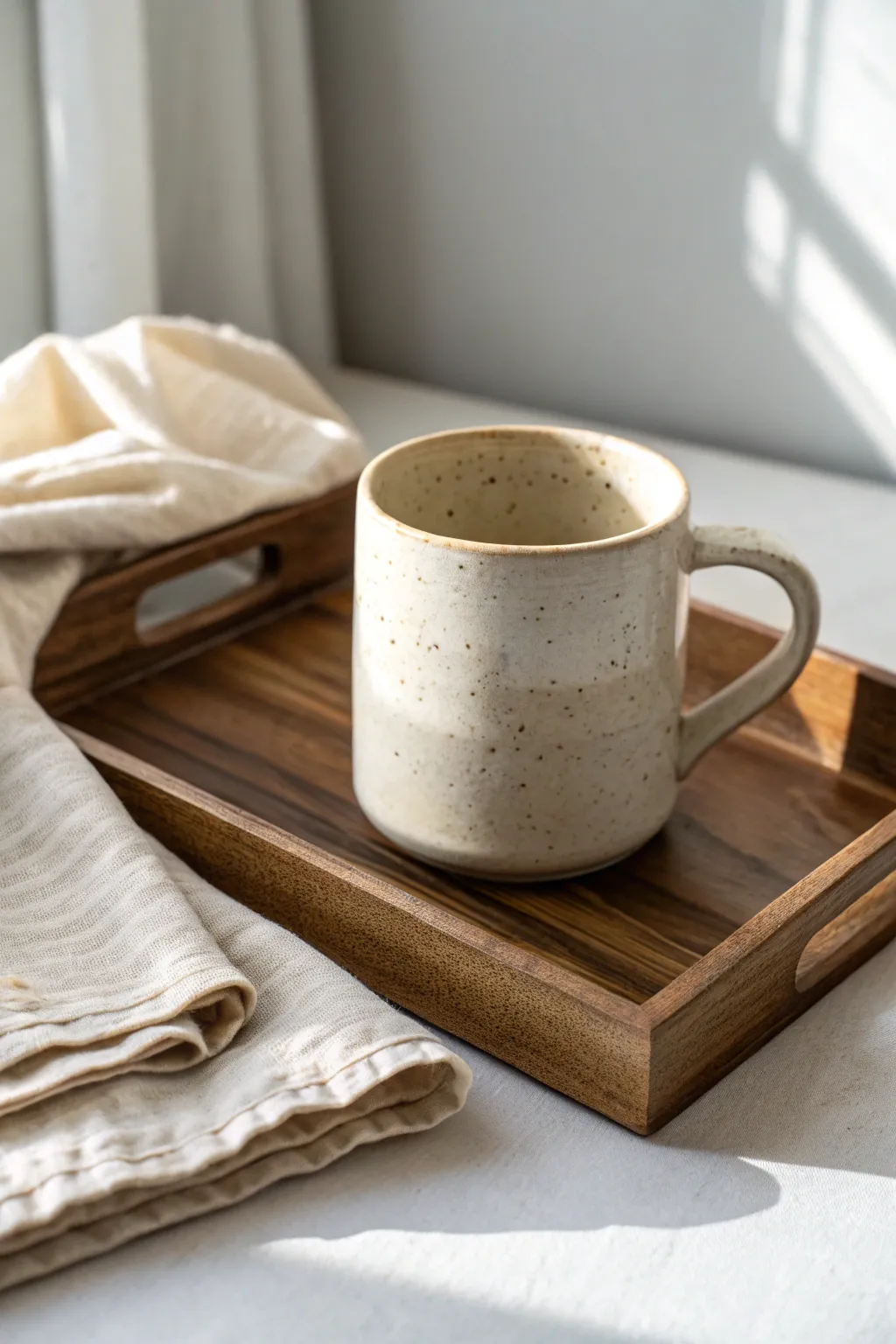 Everyday handmade mug with a cozy pulled handle, simple tray styling, and softly speckled glaze