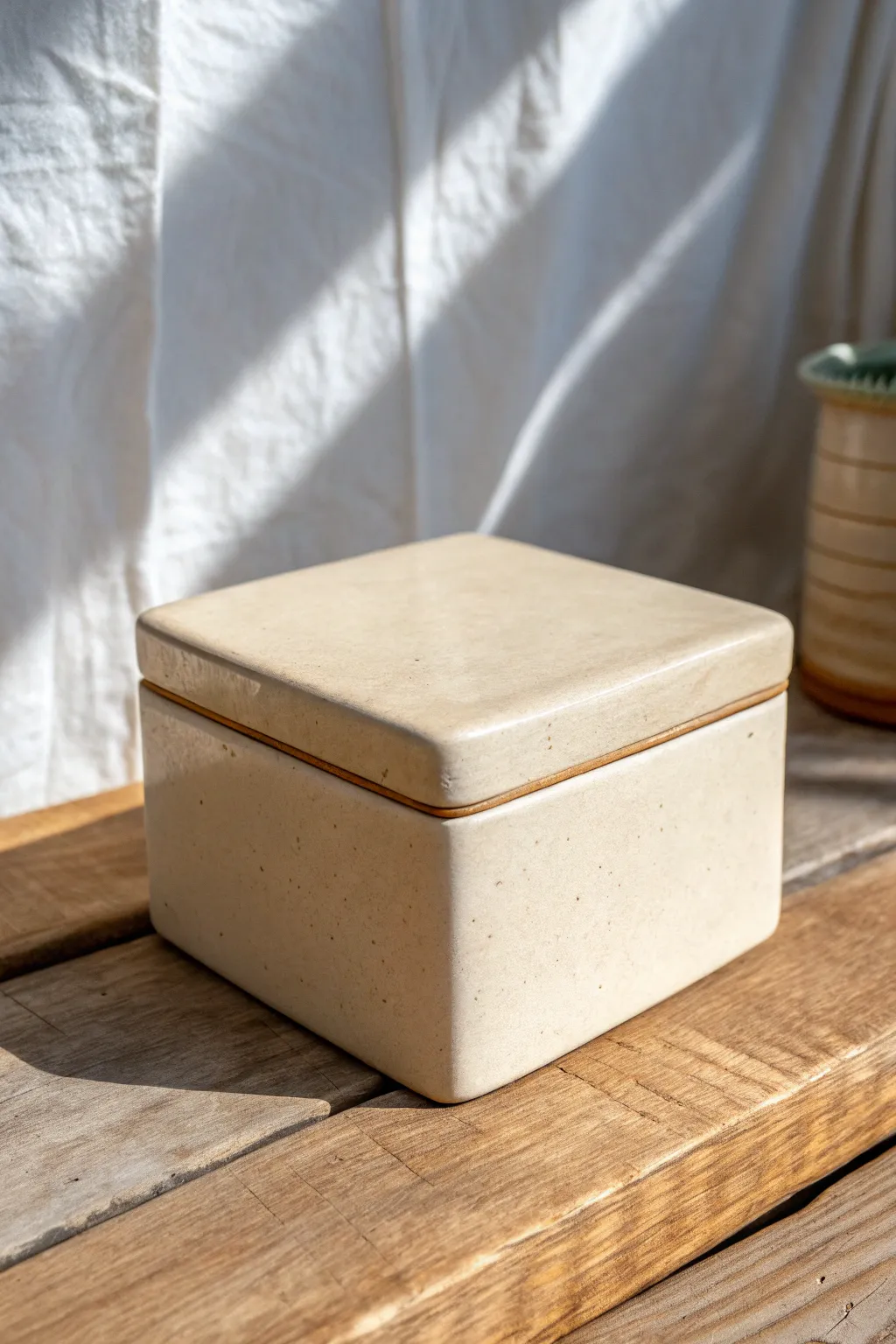 Classic hard slab lidded box with crisp corners and calm neutral glaze for minimalist shelves.