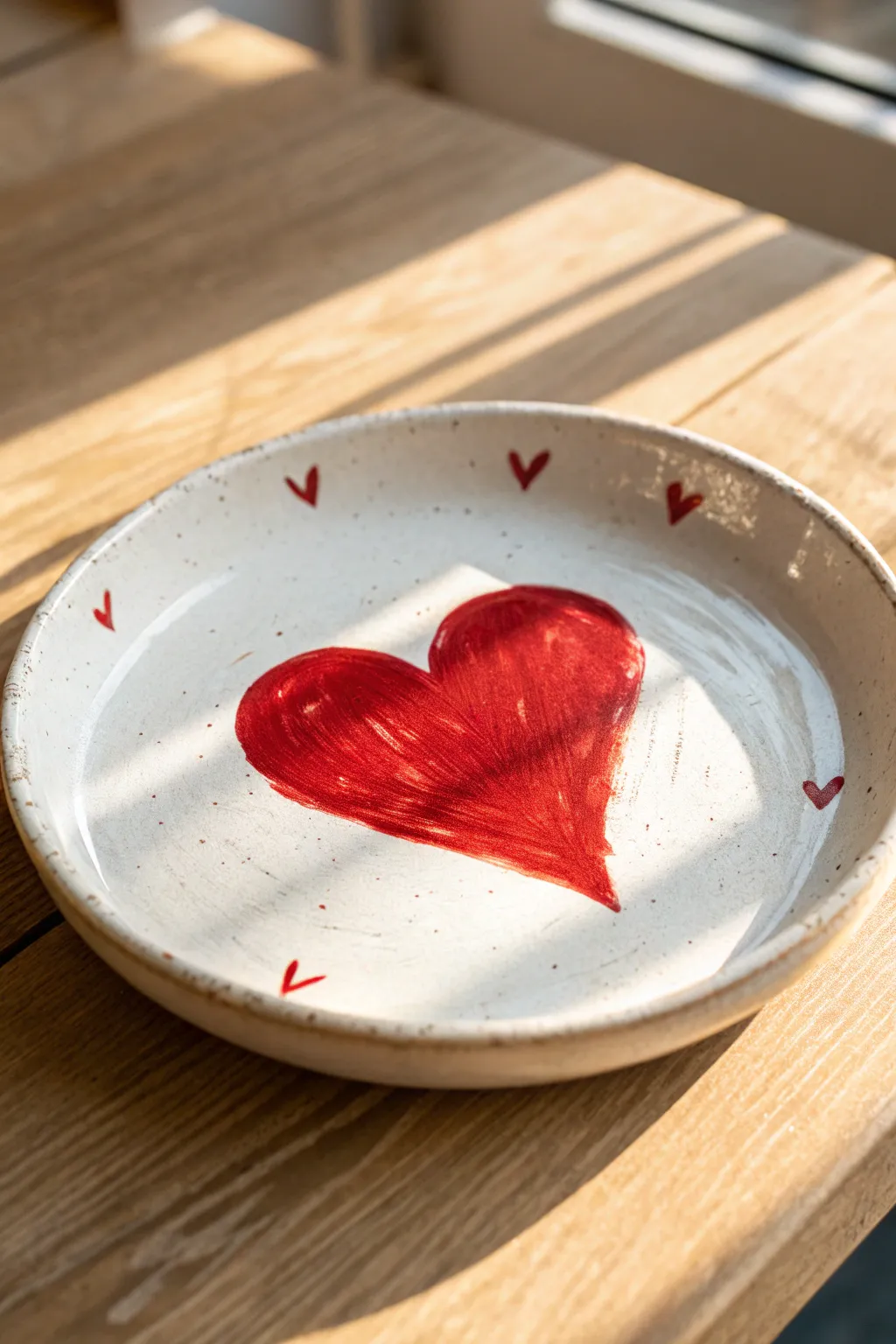 Classic red heart centerpiece on a simple white plate, minimalist and cozy for Valentine vibes.