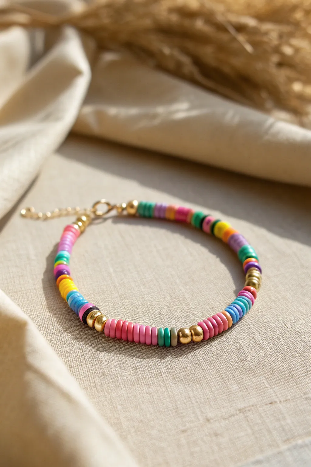 Classic rainbow heishi clay bead bracelet with sleek metallic spacers, minimal boho vibe.