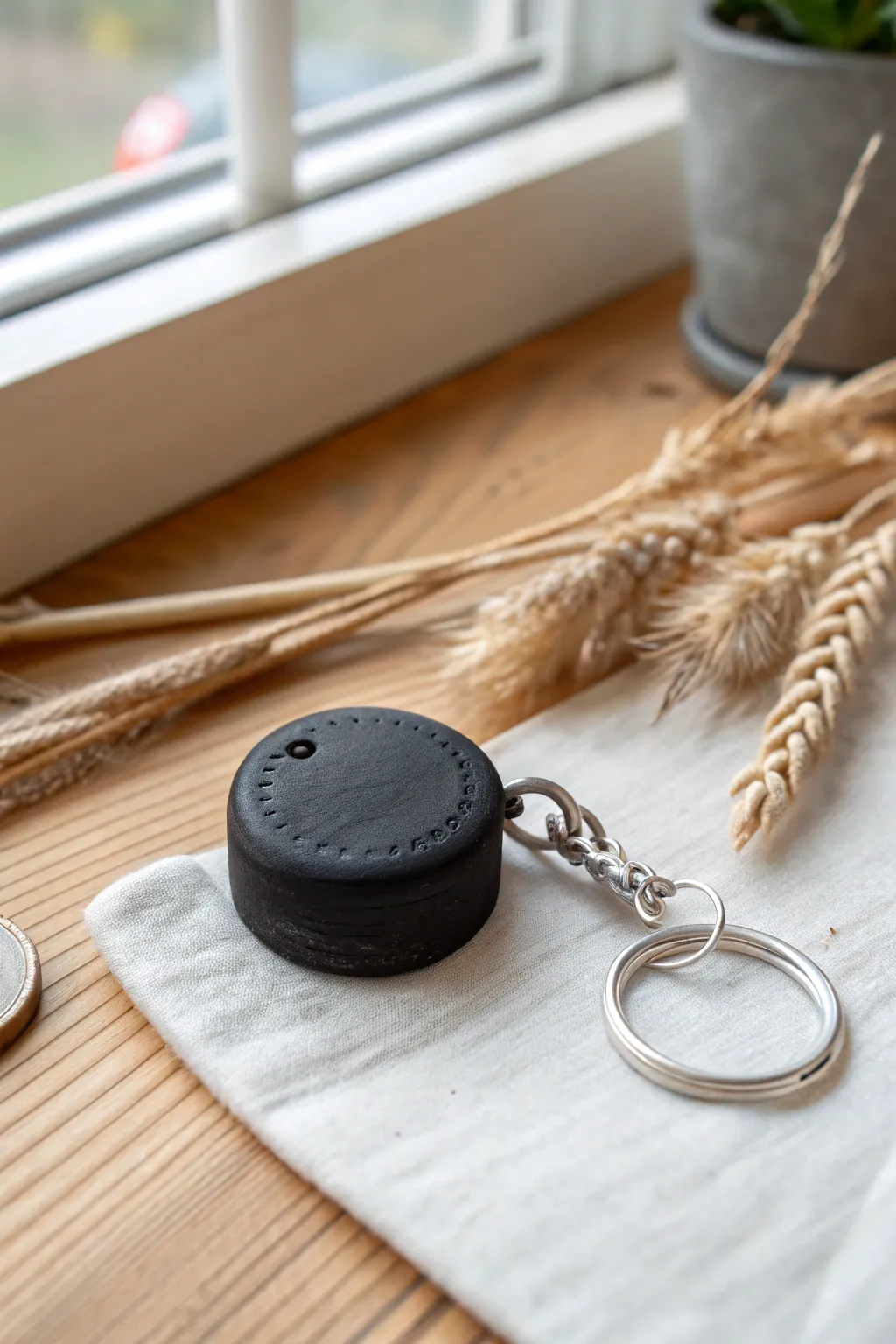 Matte black mini hockey puck charm in clay, styled as keychain and necklace on neutral linen.